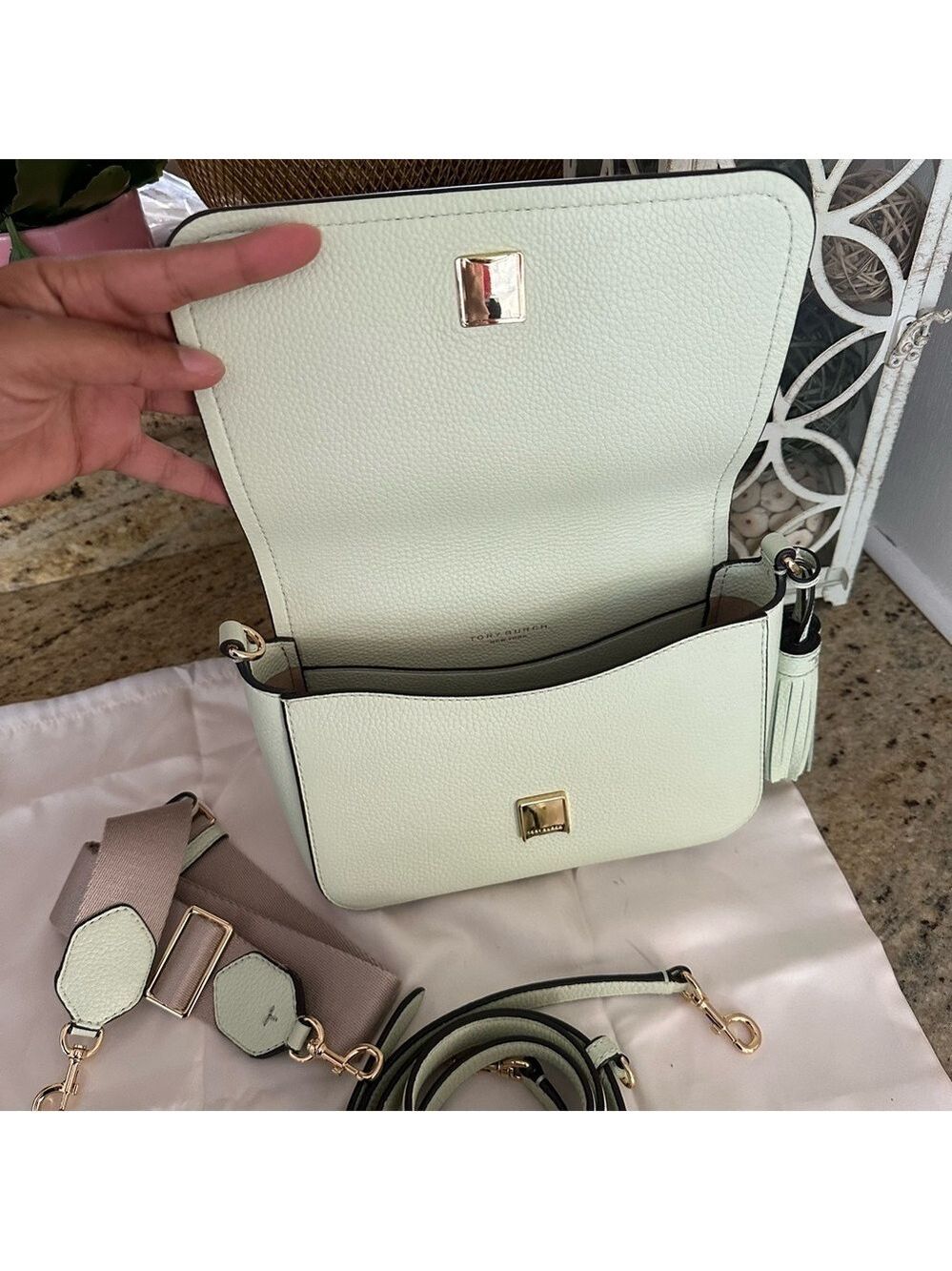 New Tory Burch Thea web flap green mist double straps - Picture 5 of 10